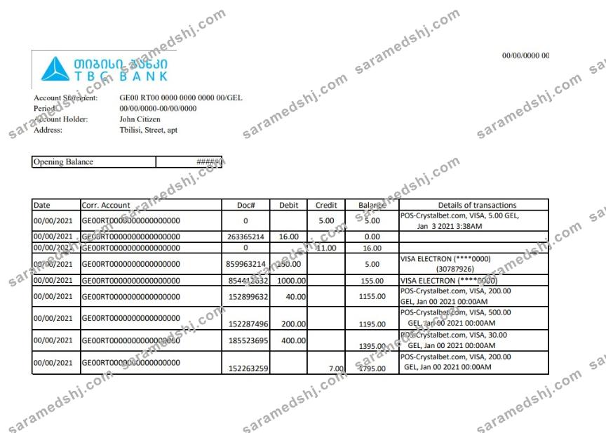 Georgia TBC Bank statement easy to fill template in Excel and PDF format